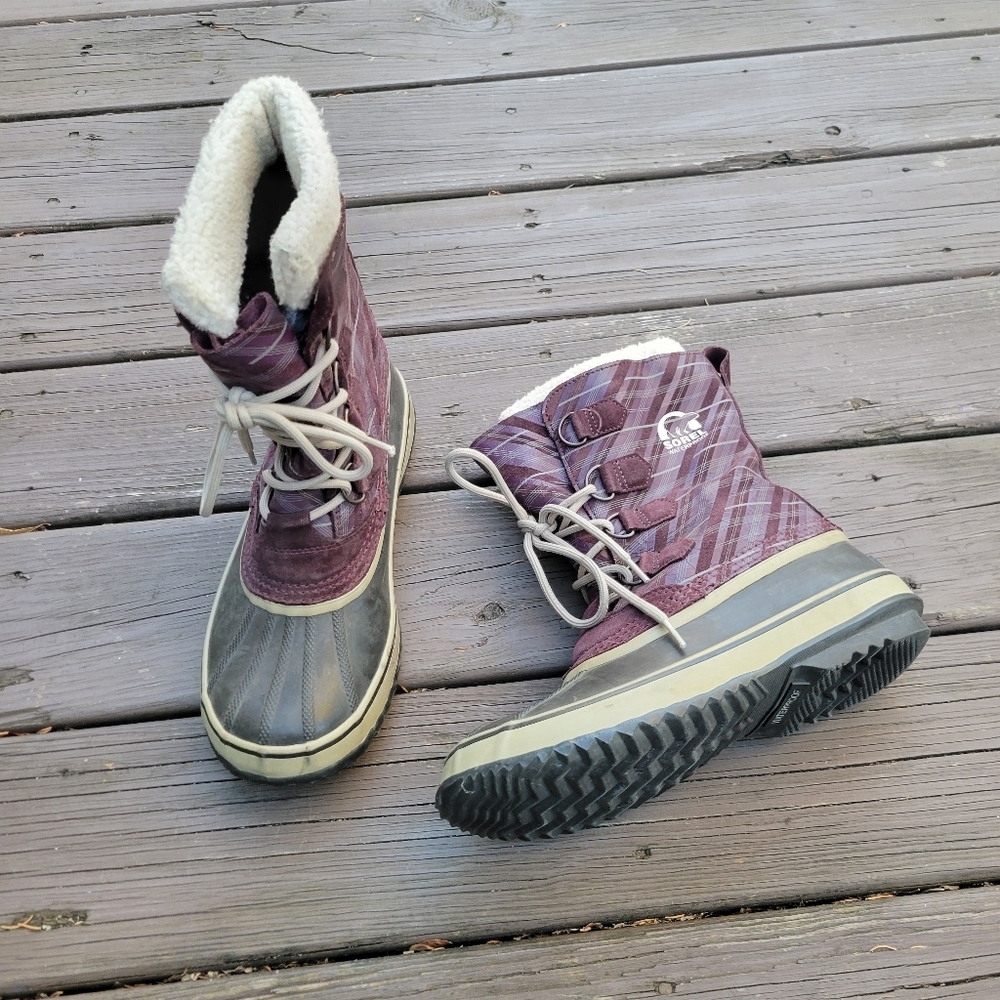 Sorel 1964 Pac Purple White Plaid Leather Sherpa‎ Pile Winter Snow Duck Boots